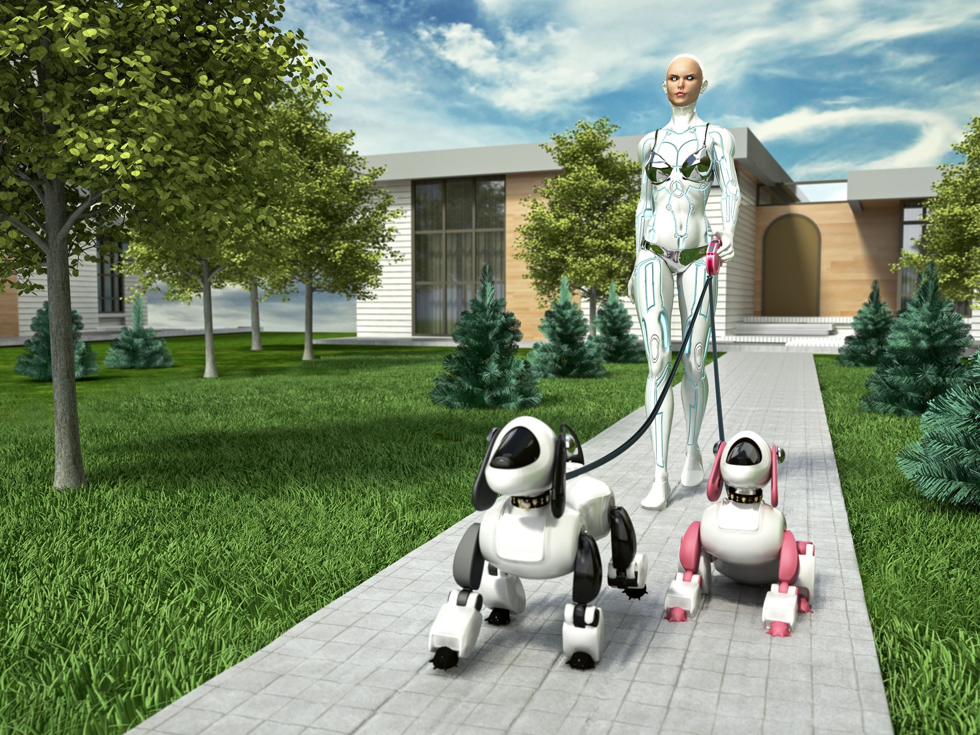 Female humanoid robot walking robot dogs outside the house